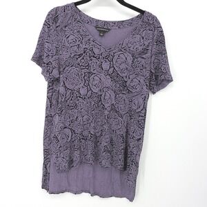 Rock & Republic T-Shirt Womens Medium Purple Floral Hi-Low Edgy Grunge Tee